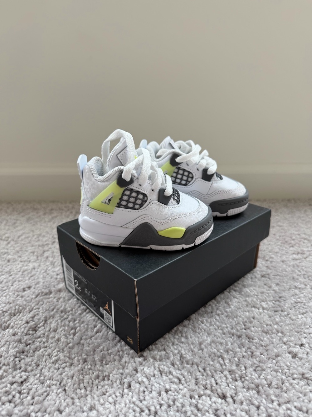 Jordan 4 Retro Baby/ Toddler 2C White and Neon Yellow Accent Sneakers